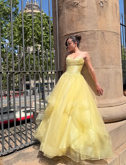 Yellow A Line Sweetheart Neck Corset Beaded Ruffle Tulle Long Prom Dress Evening Dress SH8818