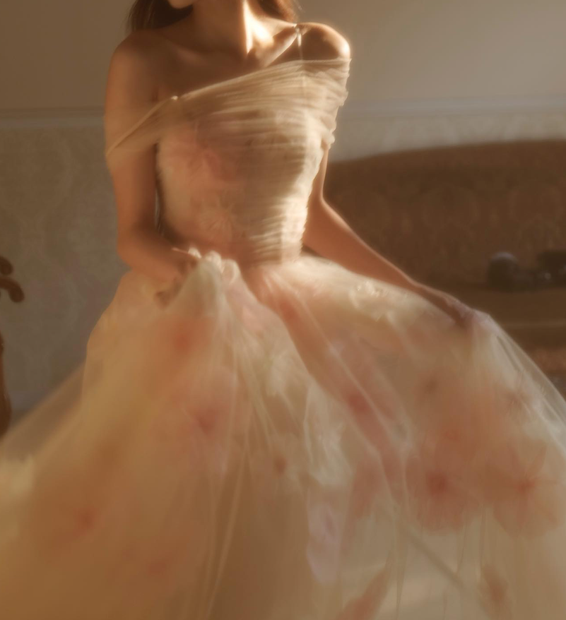 Dreamy A Line Off the Shoulder 3D Flower Tulle Prom Dress Evening Dress SH2379