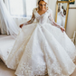 Elegant Ball Gown Long Sleeve V Neck Appliques White Tulle Wedding Dress with Sweep Train SH1993