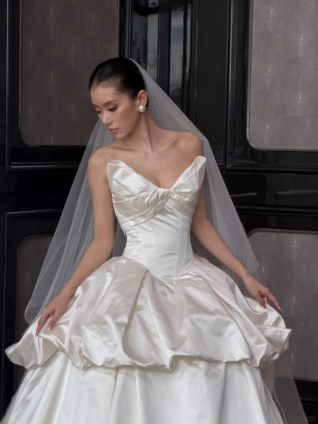 Princess Ball Gown Strapless Ivory Pleated Satin Long Train Wedding Dress SH7722