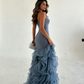 Amazing Dusty Blue Sleeveless Strapless Long Prom Dress with Ruffles SH5461