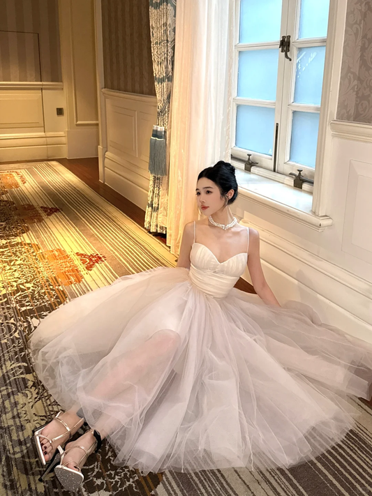 Princess A Line Spaghetti Strap White Tulle Birthday Dress Party Dress SH3400