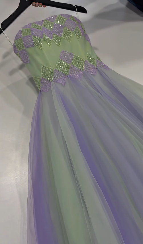 Fantastic A Line Strapless Exquisite Beaded Green Purple Tulle Prom Dress Evening Dress SH6752