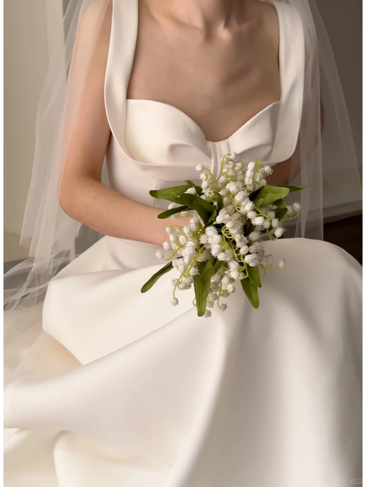 Classic Pretty A Line Spaghetti Straps White Satin Wedding Dress SH5080