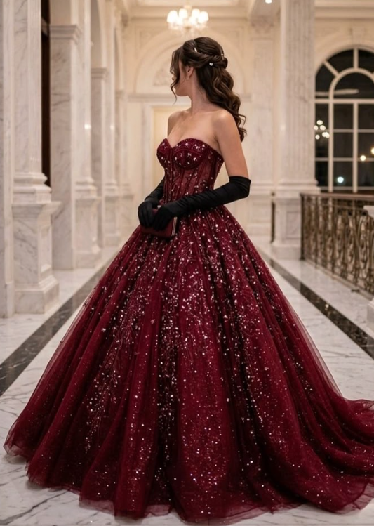 Shiny Burgundy A Line Sweetheart Neck Sequin Tulle Prom Dress Evening Dress SH6327