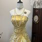 Vintage A Line Strapless Appliques Yellow Satin Organza Prom Dress Evening Dress SH2987