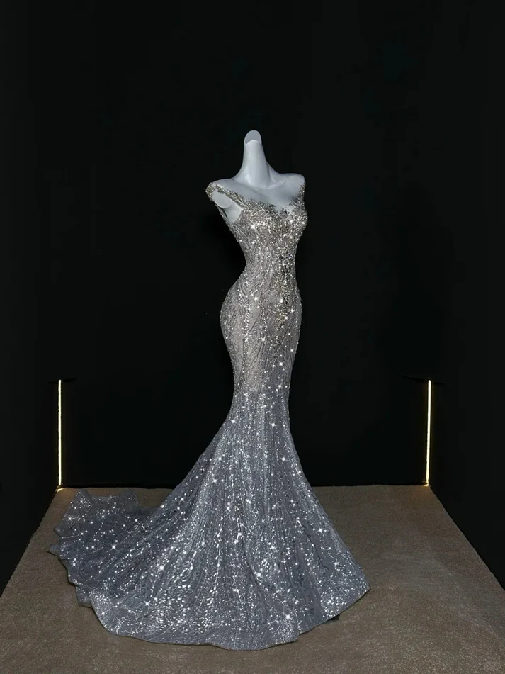 Shiny Dreamy Mermaid V Neck Silver Sequin Long Party Dress Evening Dress Date Dress SH3461