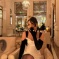 Sexy Black Bow Sheath Straps Corset White Satin Prom Dress Evening Dress with Slit SH5525