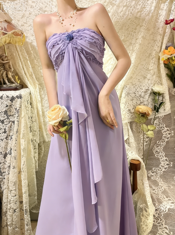 Gentle Blue A Line One Shoulder Ruffle Chiffon Long Prom Dresses SH4631