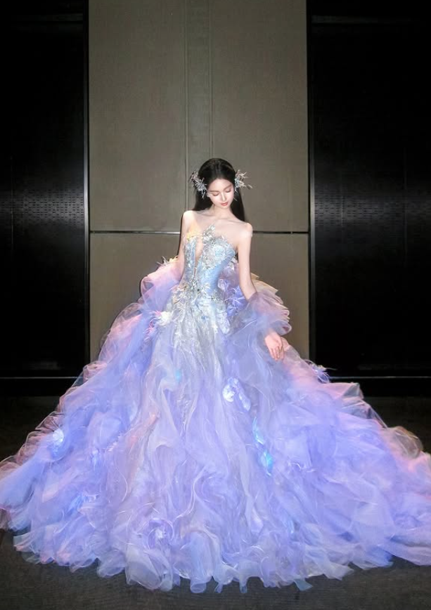 Purple Ball Gown Strapless Beaded Ruffle Tulle Long Sweep Prom Dress 16th Birthday Dress SH4650