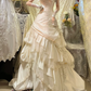 Vintage Ivory A Line Strapless 3D Floral Layered Satin Wedding Dress Prom Dress SH5881