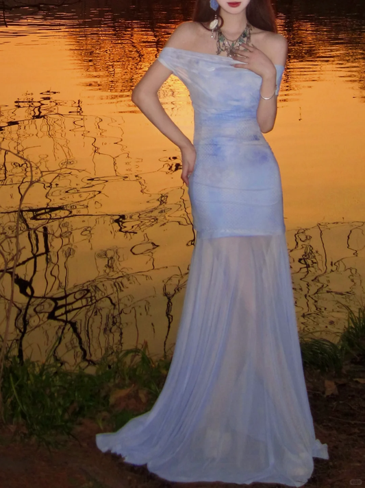 Gentle Purple Mermaid Off the Shoulder Tulle Long Prom Dress Party Dress SH5021