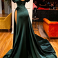 Sexy Dark Green Satin Mermaid Prom Dresses 2026 Spaghetti Straps Pleats Seep Train Formal Evening Occasion Pageant Gowns SA1038
