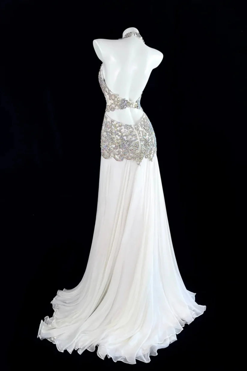Vintage Elegant A Line Halter Beaded White Chiffon Prom Dress SH5142