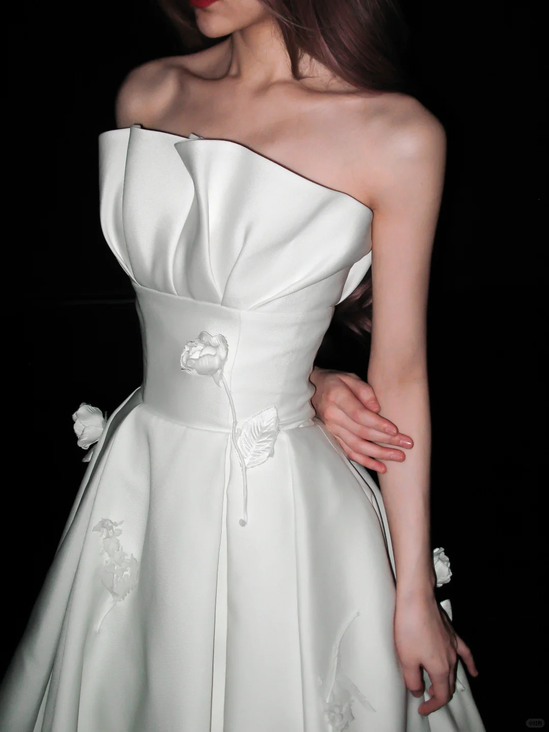 Gentle 3D Floral A Line Strapless White Lace Satin Long Wedding Dress SH8925