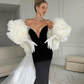 Elegant Mermaid Sweetheart Neck White Tulle Black Satin Prom Dress SH4565