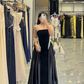Pretty Black-white A Line Strapless Beaded Velvet Satin Long Prom Dress Wedding Guest Dress SH5405