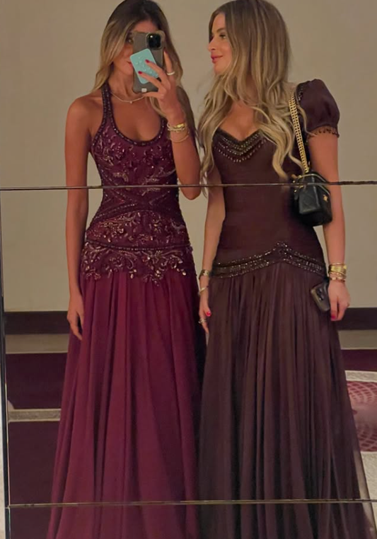 Exquisite A Line Halter Beaded Chiffon Open Back Prom Dress SH5063