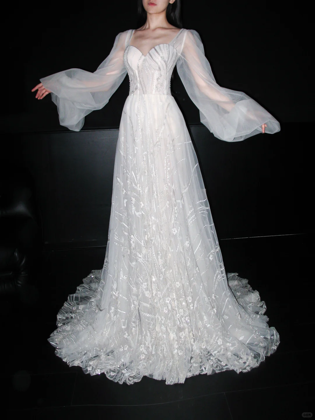Dreamy Ball Gown Long Sleeve Sequin White Tulle Long Wedding Dress SH6621