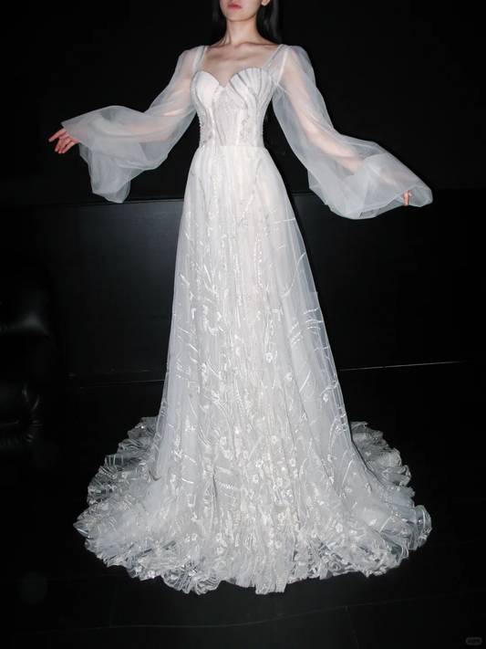 Dreamy Ball Gown Long Sleeve Sequin White Tulle Long Wedding Dress SH6621