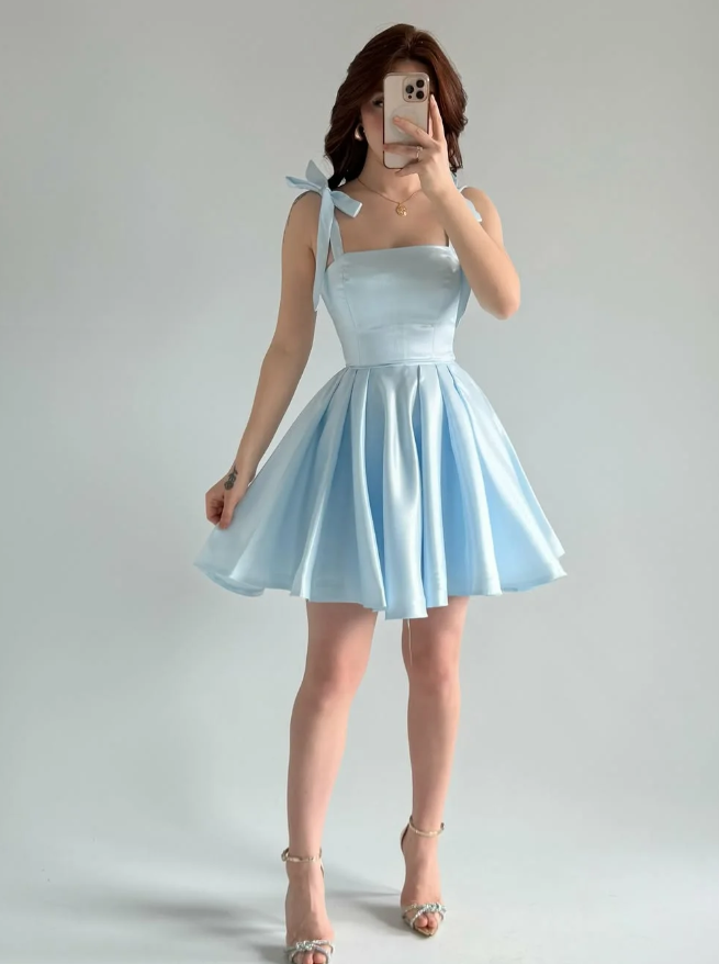 Baby Blue A Line Bow Straps Satin Short Prom Dress Homecoming Dress SH6009