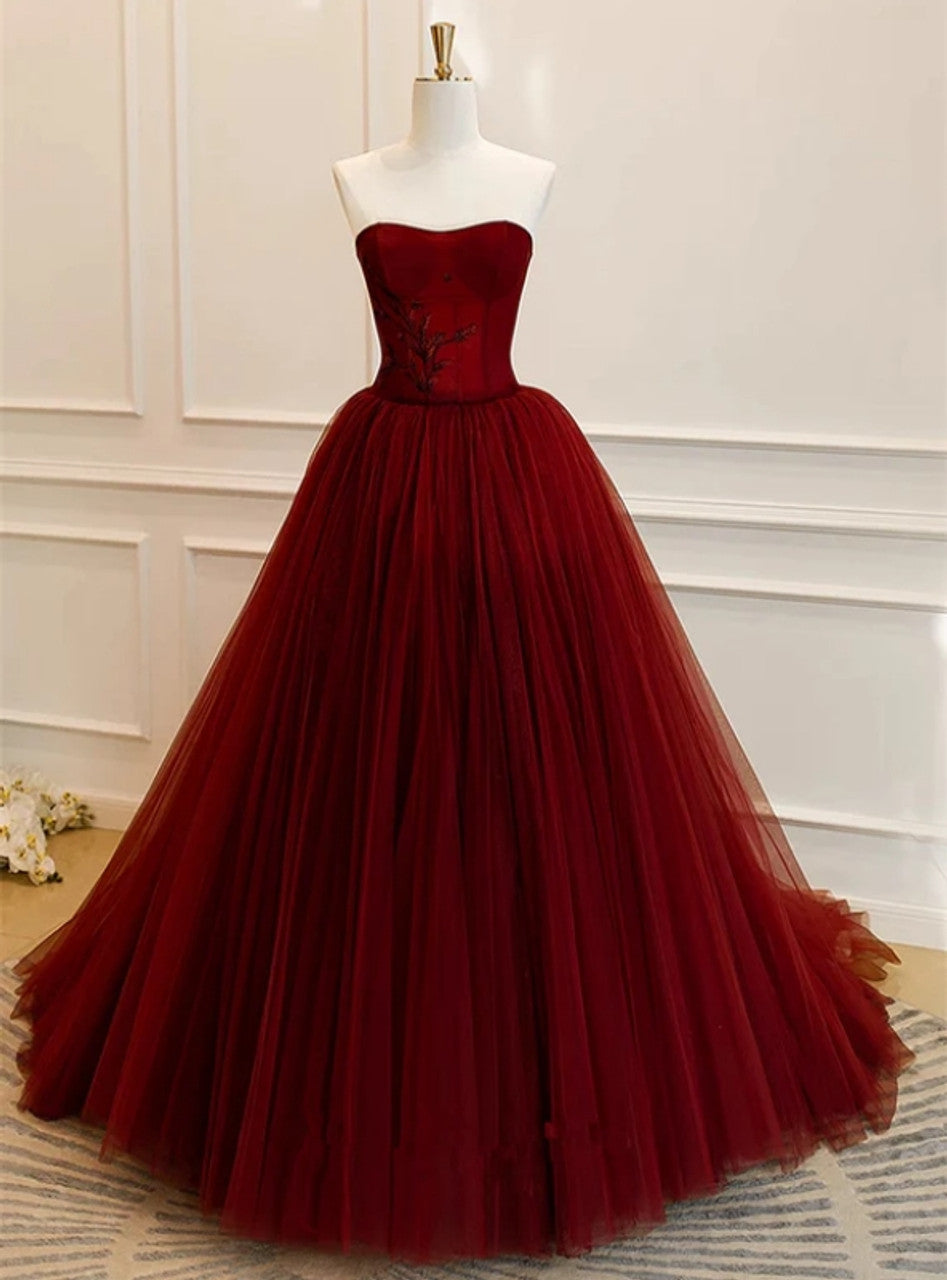 Burgundy Strapless Sleeveless Beading Tulle Prom Dress SH1878