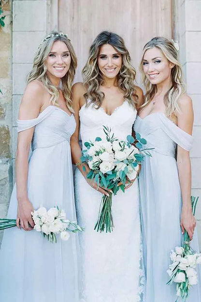 Light Blue A-Line Off the Shoulder Long Chiffon Boho Bridesmaid Dress SH6281