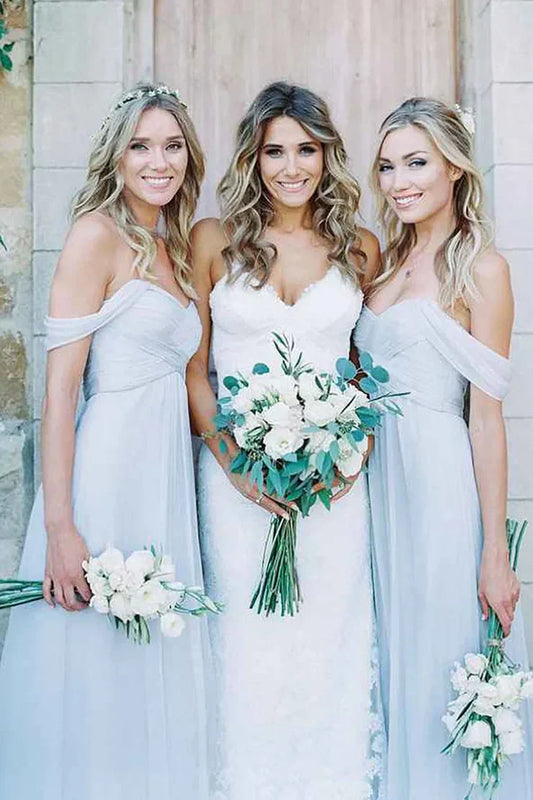 Light Blue A-Line Off the Shoulder Long Chiffon Boho Bridesmaid Dress SH6281