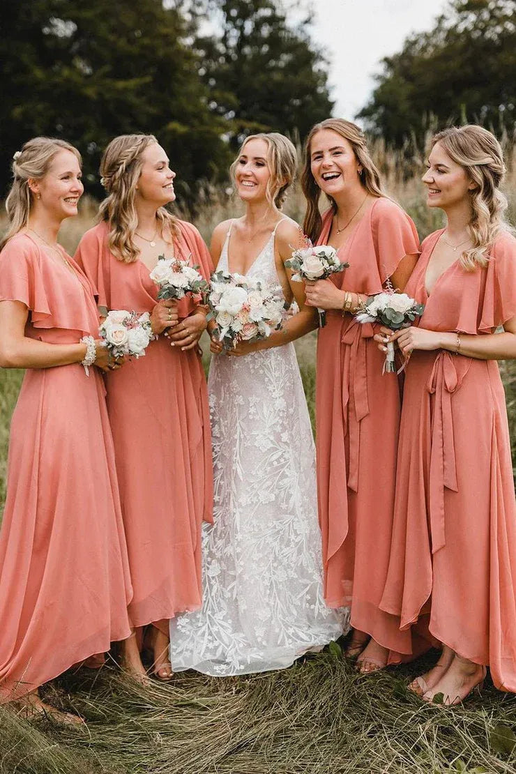 Simple A-Line Coral Chiffon Long Bridesmaid Dresses SH6285