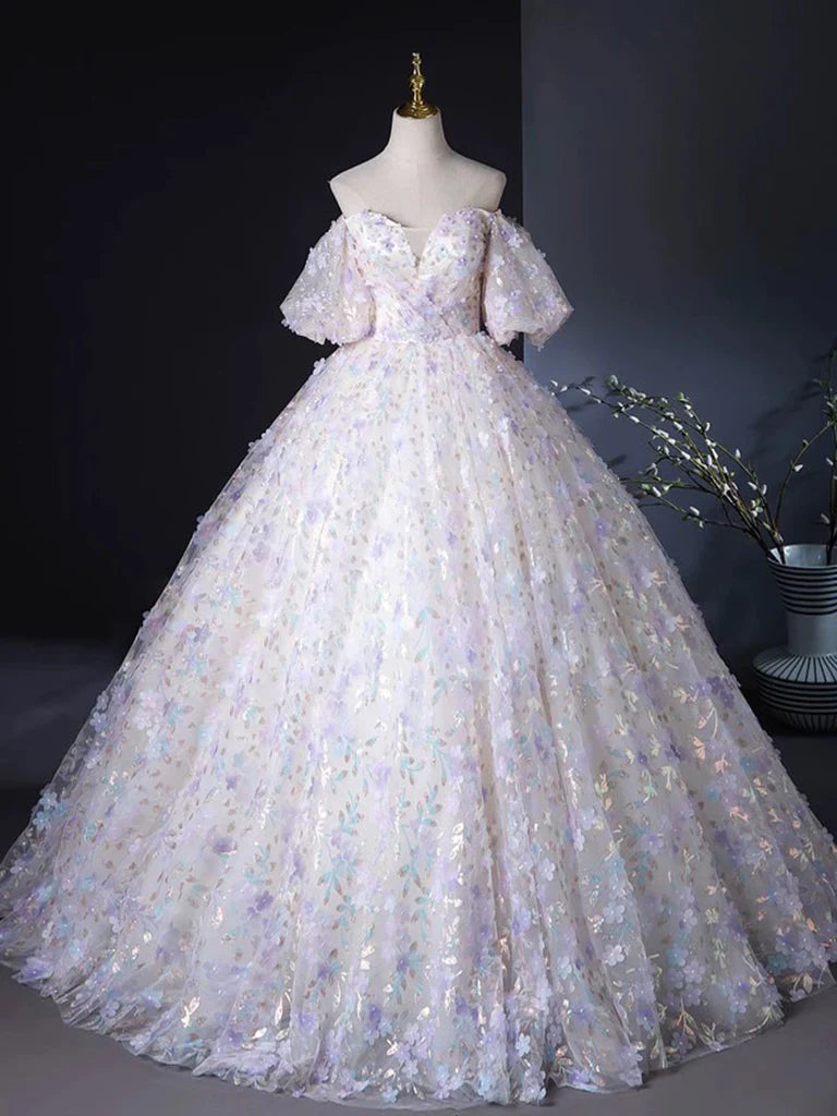 A Line Puff Sleeves Sweetheart Neck Appliques Tulle Long Prom Dress Ball Gown SH1705