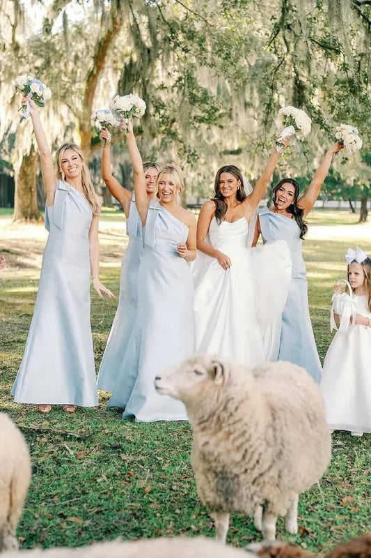 Light Blue One Shoulder Satin Sheath Long Bridesmaid Dresses SH6296