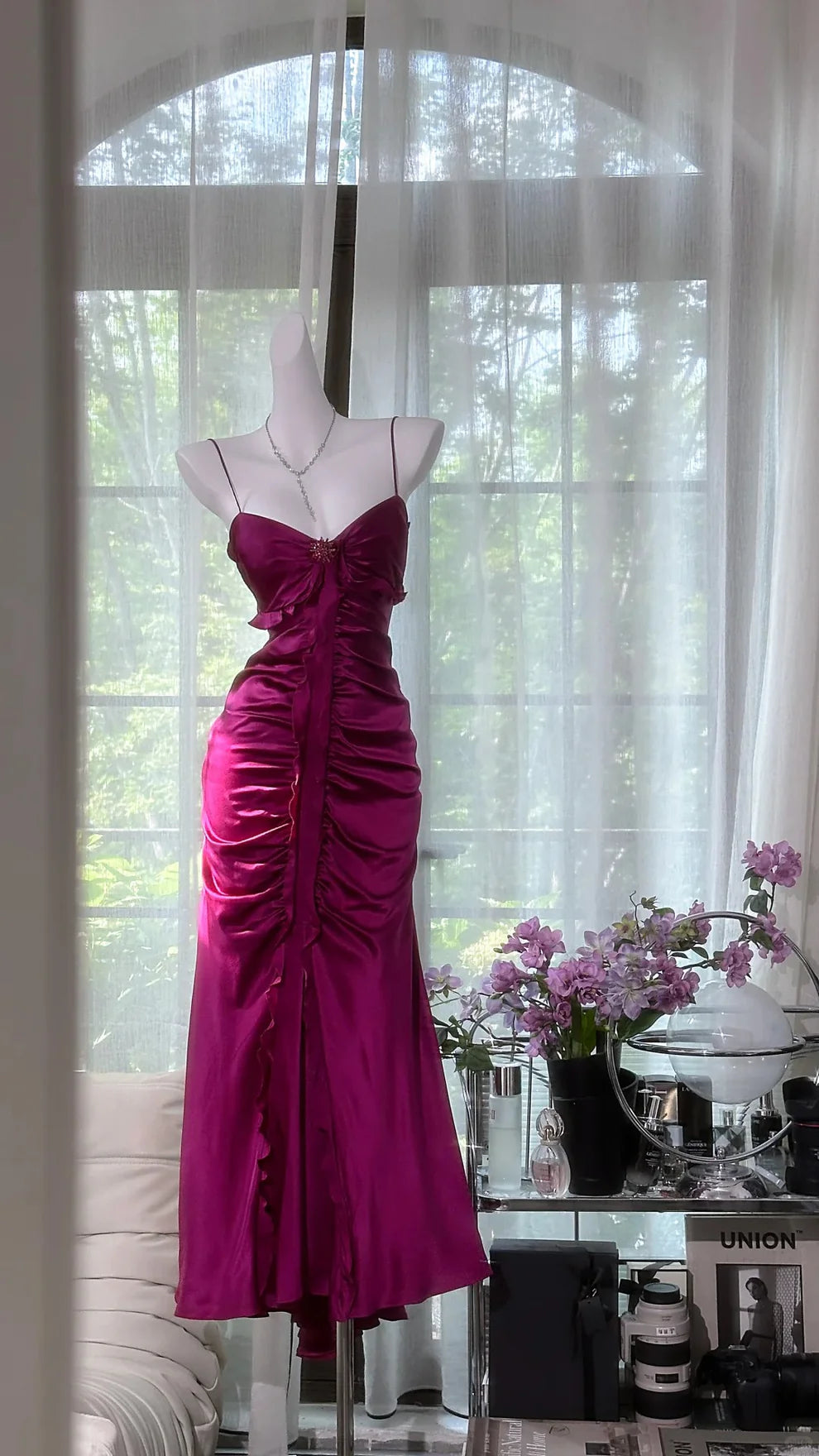Elegant Mermaid Spaghetti Strap Pleated Satin Prom Dress Date Dress Wedding Guest Dress SH4328