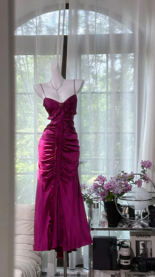 Elegant Mermaid Spaghetti Strap Pleated Satin Prom Dress Date Dress Wedding Guest Dress SH4328