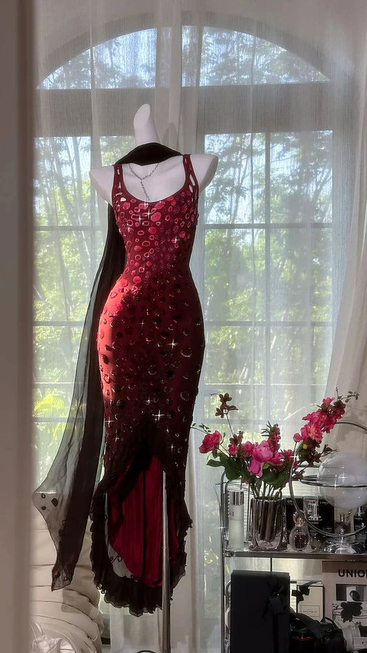 Exquisite Mermaid Straps Beaded Burgundy Chiffon Prom Dress Wedding Guest Dress SH4324