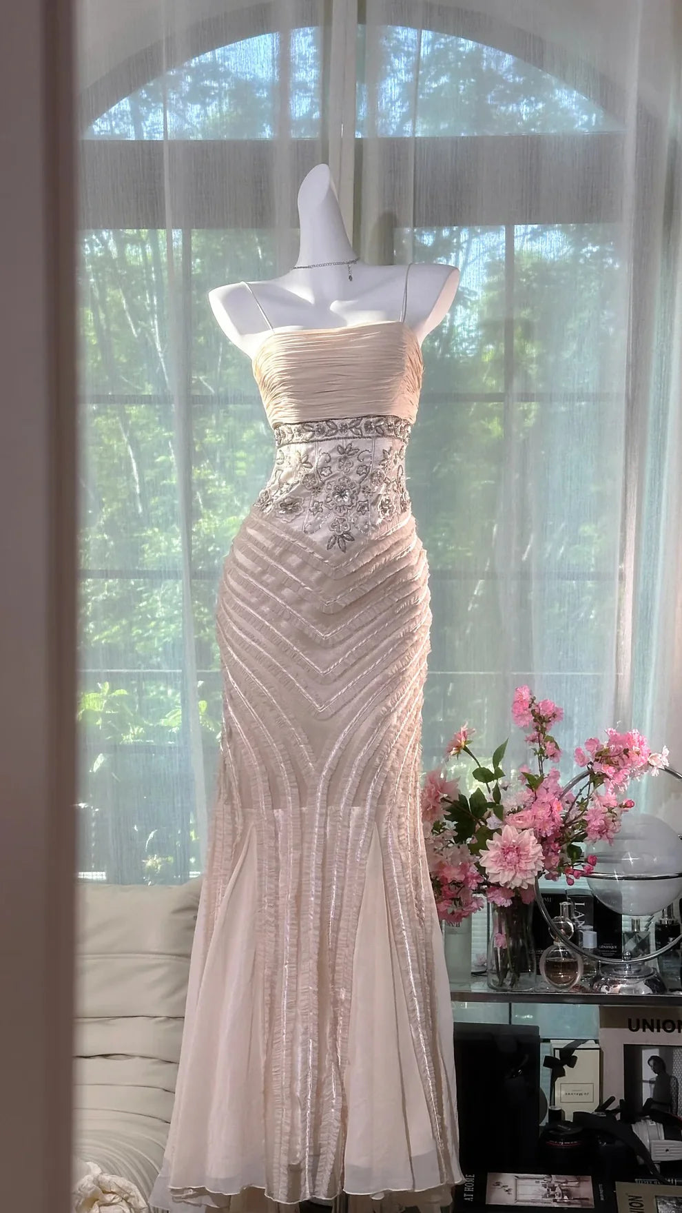 Light Apricot Mermaid Spaghetti Strap Beaded Chiffon Prom Dress Wedding Guest Dress SH4327