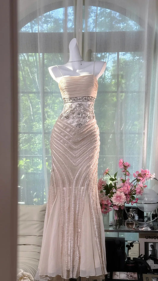 Light Apricot Mermaid Spaghetti Strap Beaded Chiffon Prom Dress Wedding Guest Dress SH4327