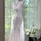 Gentle Mermaid V Neck Shiny Rhinestone White Chiffon Prom Dress Date Dress SH4329
