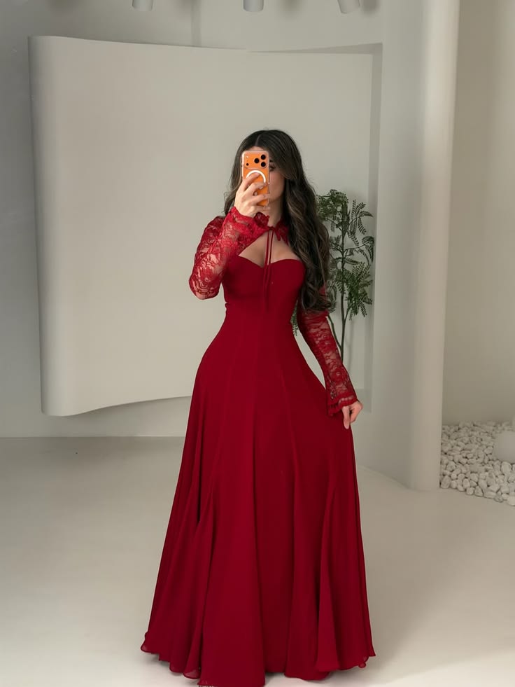 Two Piece A Line Long Sleeve Red Lace Satin Prom Dress Evening Dress SH7081