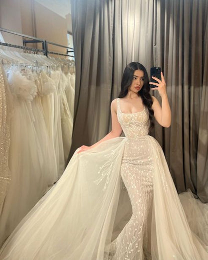 Luxurious Sheath Straps Exquisite Beaded White Tulle Long Wedding Dress SH8742