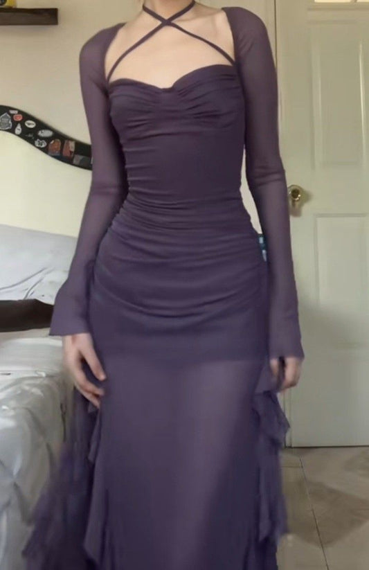 Grape Purple A Line Long Sleeve Ruffle Tulle Homecoming Dress Date Dress Outfits SH3631