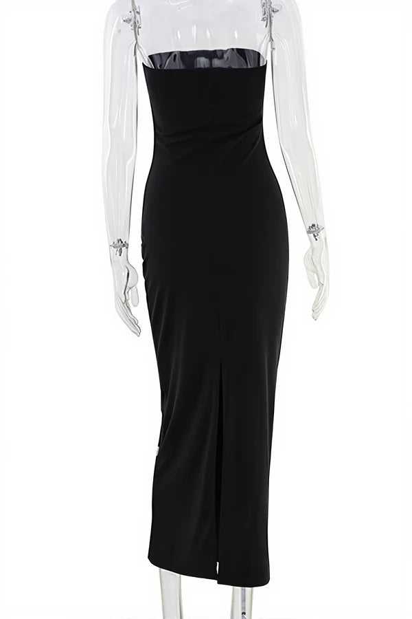 Sexy Sheath Strapless Shiny Rhinestone Black Satin Prom Dress Evening Dress SH5758