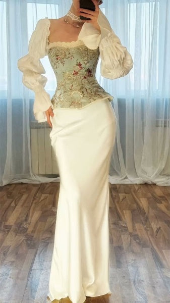 Vintage Two Piece Sheath Long Sleeve White Satin Long Prom Dress Date Dress SH7431