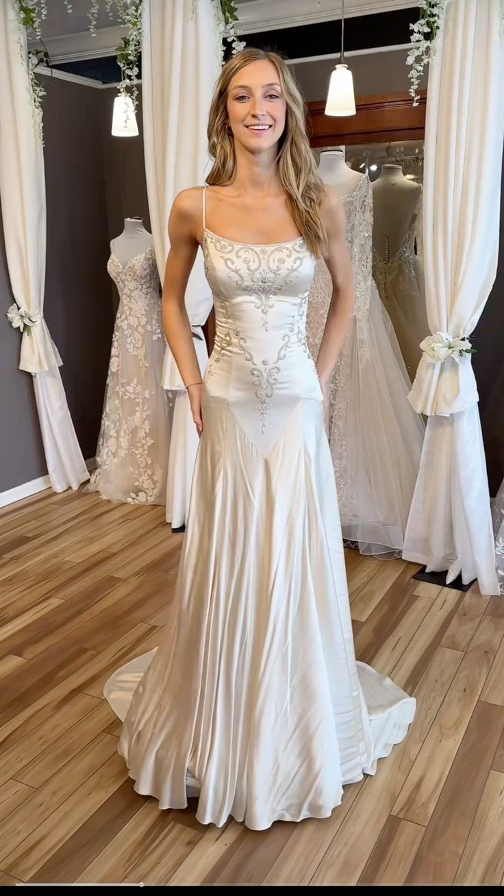 Vintage A Line Spaghetti Strap Beaded White Satin Prom Dress Wedding Dress SH7274
