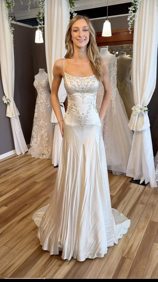 Vintage A Line Spaghetti Strap Beaded White Satin Prom Dress Wedding Dress SH7274