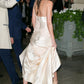 Unique A Line Spaghetti Strap Champagne Lace Satin Prom Dress Evening Dress with Slit SH2368