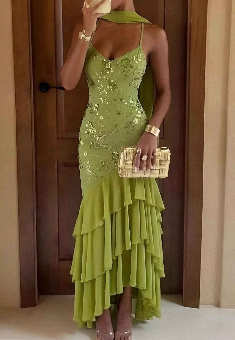 Vintage Green Mermaid Spaghetti Strapless Beaded Sequin Layered Chiffon Long Prom Dress SH6959