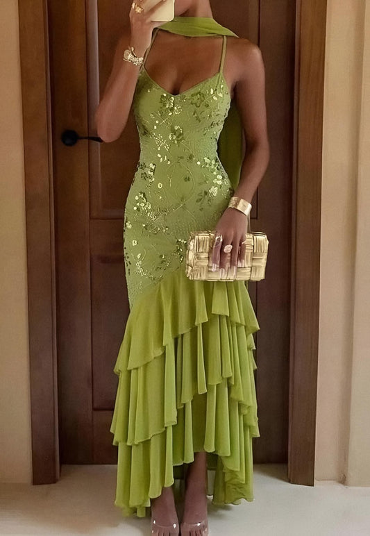 Vintage Green Mermaid Spaghetti Strapless Beaded Sequin Layered Chiffon Long Prom Dress SH6959