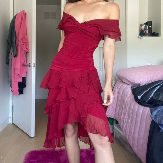 Burgundy A Line Off the Shoulder Layered Chiffon Short Homecoming Dress Cocktail Dress SH3721