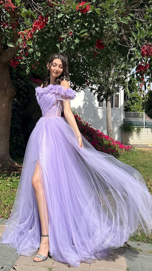 Lilac A-Line Flowy Tulle Evening Party Dresses Prom Dresses With Slit SH1612