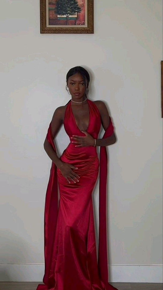 Sexy Mermaid V Neck Red Satin Prom Dress 22th Birthday Outfits SH3977